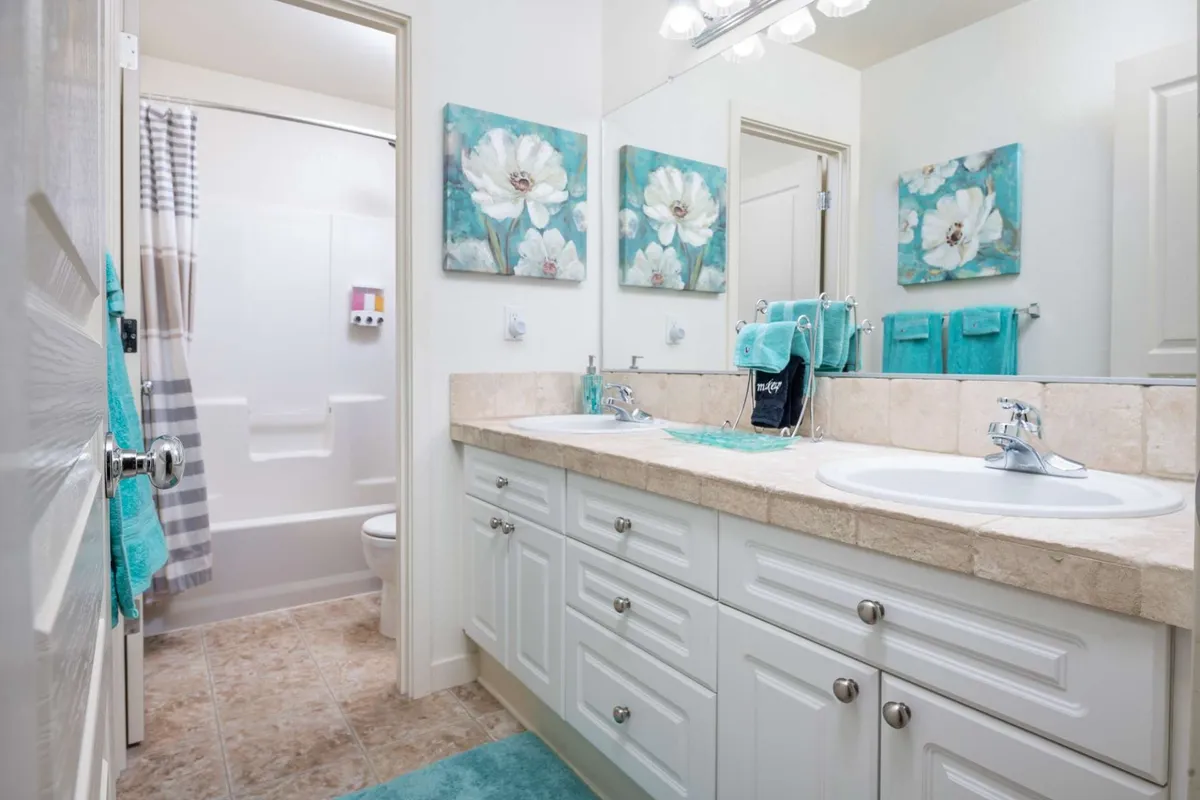 A calming bathroom scene with double vanity sinks, floral artwork above, plush towels, and accessories, all bathed in soothing morning light.
